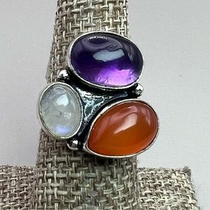 New Carnelian, Moonstone & Amethyst Crystal Multi Stone Silver Overlay Ring 6.25